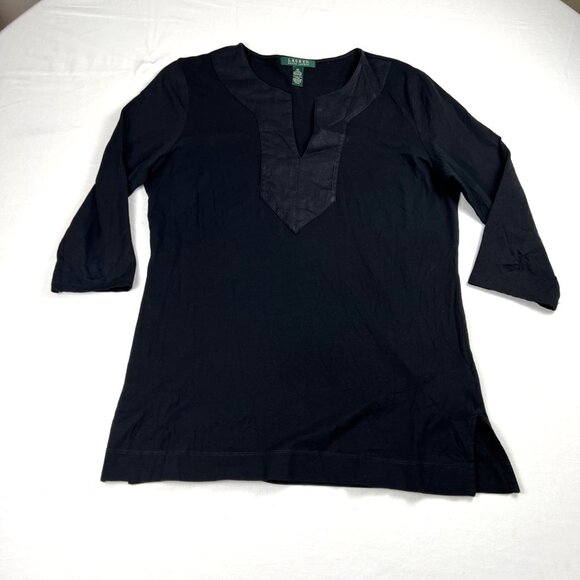 Lauren Ralph Lauren Black Tunic Blouse Notch Collar 3/4 Sleeves M Green Label - Picture 2 of 10